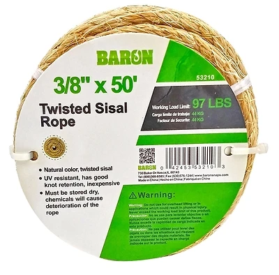 Baron 53210 Twisted Sisal Rope, 3/8 In X 50 Ft, 97 Lb