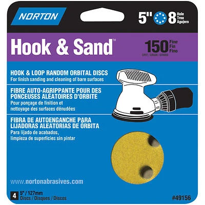 49156 5" 8-hole Hook & Loop Sanding Discs, 150-grit, 4-pk