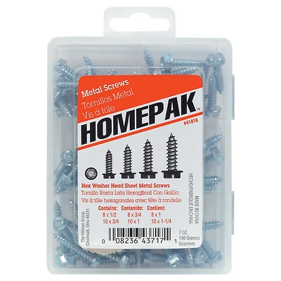 Hillman Homepak 41816 Assorted Slotted Hex Head Sheet Metal Screws, Zinc-Plated Steel
