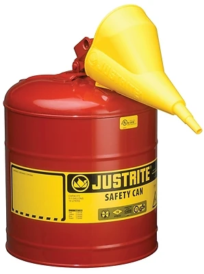 Justrite 7150110 Safety Gas Can, Steel, Red, With Funnel, 5-Gallon