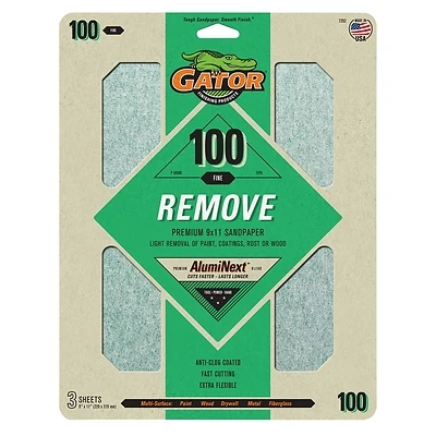 Gator 7262 Sanding Sheet, 9 in W, 11 in L, 100 Grit, Coarse, Latex Backing