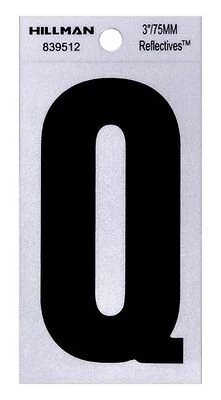 Reflective Adhesive House Address Letter Q, Thin Cut, Black Vinyl, 3-In.