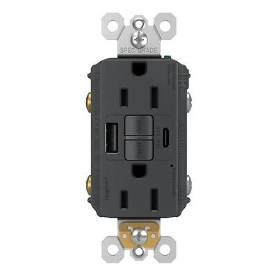 Pass & Seymour Radiant 15A Tamper-Resistant Self-Test GFCI USB Type-A/C Outlet, Graphite