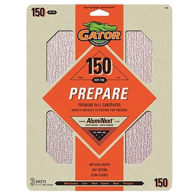 Gator 7264 Sanding Sheet, 9 in W, 11 in L, 150 Grit, Medium, Aluminum Oxide Abrasive, Latex Backing