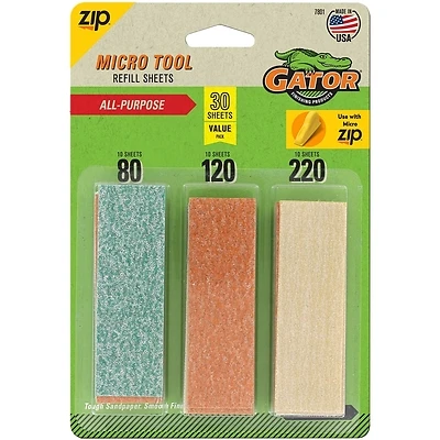 Gator MicroZip 7801 Refill Sheet, 3-1/2 in L, 1 in W, Extra Fine, Fine, Medium, 80 Grit, Aluminum Oxide Abrasive