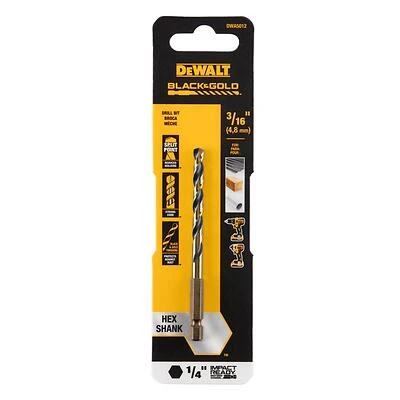Black & Gold HSS Drill Bit, 1/4 In. Hex Shank, Impact Ready, 3/16 In.