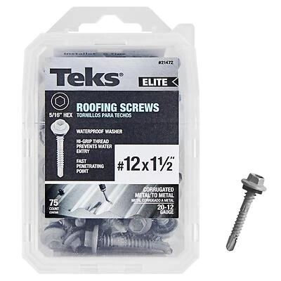 Teks Elite 21472 #12 x 1-1/2 in. Hex Drive Roofing Screws, 75 Pack