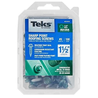 Teks 21414 No. 9 x 1-1/2 In. Hex Washer Head Roofing Screws, 100 Pack