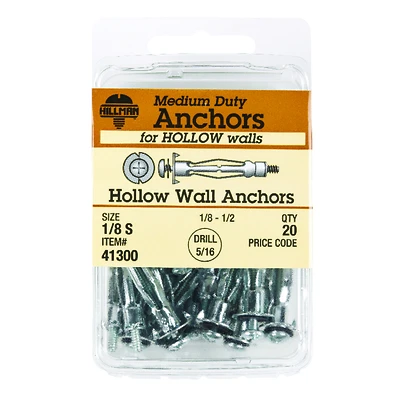 Hollow-Wall Expansion Anchors, Short Wallgrip, 1/8-In., 20-Pk.