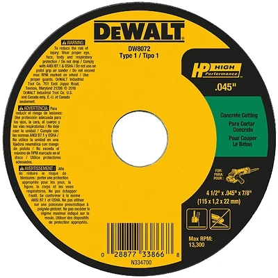 Concrete/Masonry Cutting Wheel, .045 x 7/8 x 4.5 In.