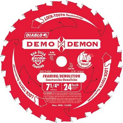Diablo D0724DA Circular Saw Blade, 7-1/4 in Dia, 5/8 in Arbor, 24-Teeth, Carbide Cutting Edge, 10,000 rpm