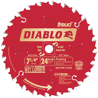 Diablo D0724A Circular Saw Blade, 7-1/4 in Dia, 5/8 in Arbor, 24-Teeth, 10,000 rpm, Carbide Cutting Edge