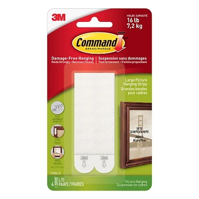 Command 17206 Picture Hanging Strip, 4 lb/set, Foam, White, 3.625 in L x 0.5 in W x 0.1 in D, 4/PK
