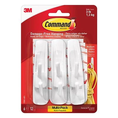 Command 17001-VP-6PK Utility Hook, 7/8 in Opening, 3 lb, 6 -Hook, Plastic, White