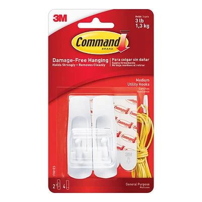 Command 17001ES Medium Utility Adhesive Hooks, White, 2-Pack