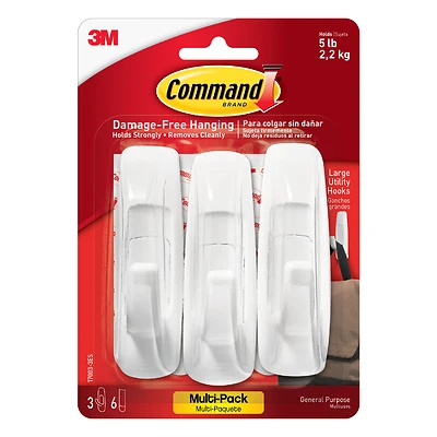 Command 17003-VP-3PK Utility Hook, 7/8 in Opening, 5 lb, 3 -Hook, Plastic, White