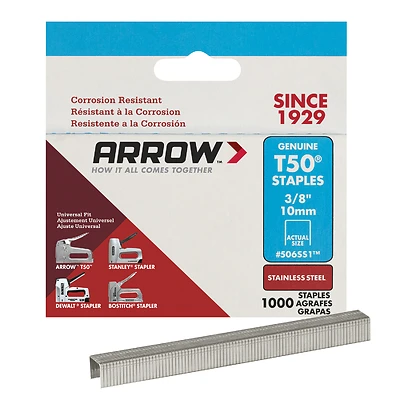 Arrow T50 Series 506SS1 Staple, For: HT 50A, T50, T5 Stapler, 3/8 in W Crown, 3/8 in L Leg