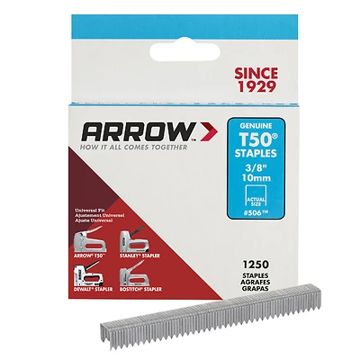 Arrow T50 Series 50624 Staple, For: T50 WA Stapler, 3/8 in W Crown, 3/8 in L Leg