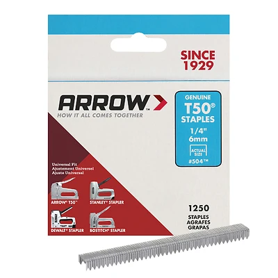 Arrow T50 Series 50424 Staple, For: T50 SA, T50 SHA Tacker, 3/8 in W Crown, 1/4 in L Leg