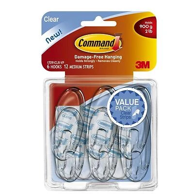 Command 17091CLR-VP Adhesive Hook, 2 lb, 6 -Hook, Plastic, Clear