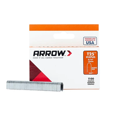 Arrow T25 Series 259 Staple, 5/16 in W Crown, 9/16 in L Leg, Steel