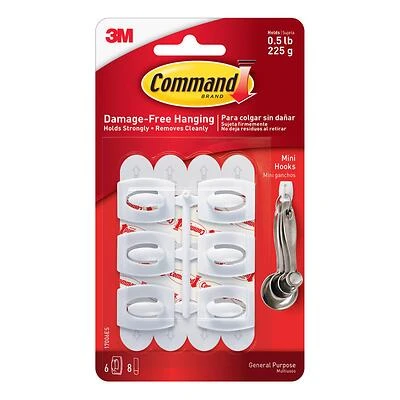 Command 17006 Mini Hook, 0.5 lb, 6-Hook, Plastic, White