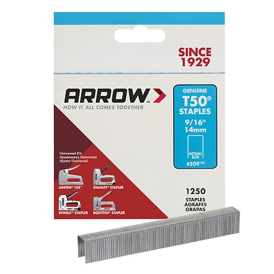 Arrow T50 Series 50924 Staple, 3/8 in W Crown, 9/16 in L Leg, Steel, Galvanized