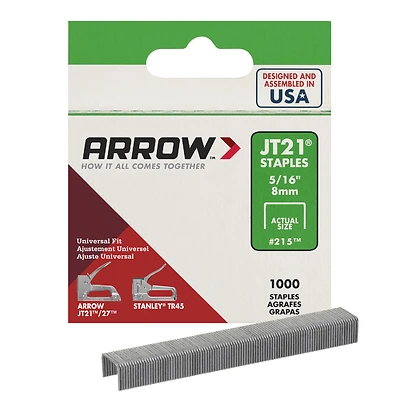 Arrow 215 Staple, 7/16 in W Crown, 5/16 in L Leg, Steel, 0.03 ga