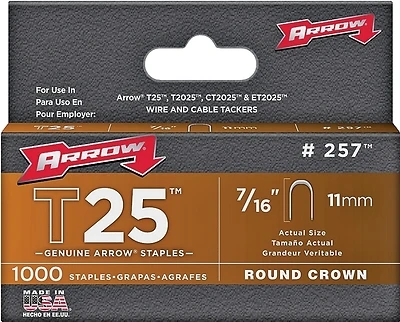 Arrow T25 Series 257 Staple, 5/16 in W Crown, 7/16 in L Leg, Steel