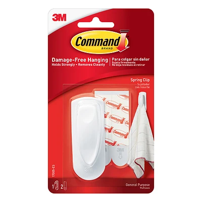 Command 17005 Spring Clip, 5/8 in Opening, 8 oz, 1 -Hook, Plastic, White