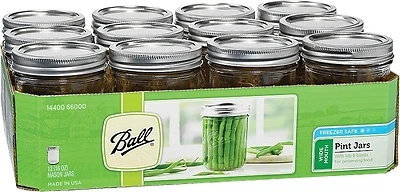 Ball 66000 Mason Jar, 16 oz Capacity, Glass, Silver Cap/Lid
