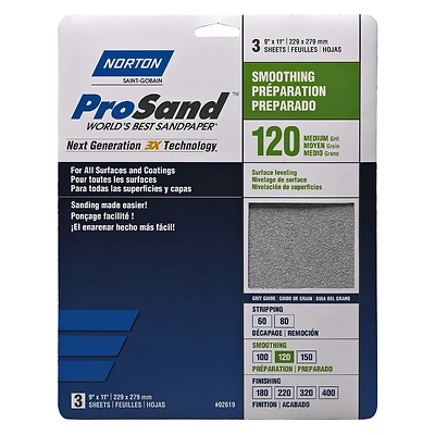 Norton ProSand 07660768161 Sanding Sheet, 120 Grit, 11 In. L x 9 In. W, 3 Pk