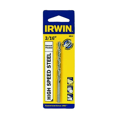 Irwin 60512 Jobber Drill Bit, HSS, 3/16 In. Dia, 2-3/16 In. OAL