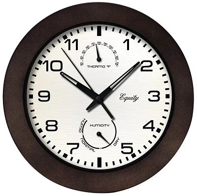 Equity Indoor/Outdoor Wall Clock, Temperature & Humidity, Brown Case, 10 In.