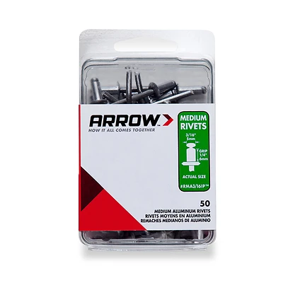 Arrow RMA3/16 Pop Rivet, Medium, 1/4 in Grip, 1/4 in L, Aluminum, 15/PK