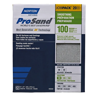 Norton ProSand 07660768173 Sanding Sheet, 100 Grit, 11 x 9 In., 20 Pk