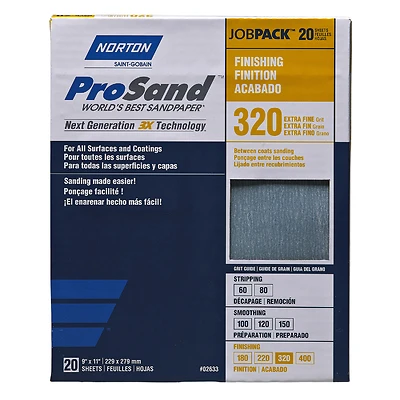 Norton ProSand 07660768166 Sandpaper, 320 Grit, 11 in x 9 in, 20 Pk