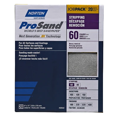 Norton ProSand 07660768175 Sanding Sheet, 60 Grit, 11 x 9 In., 20 Pk.