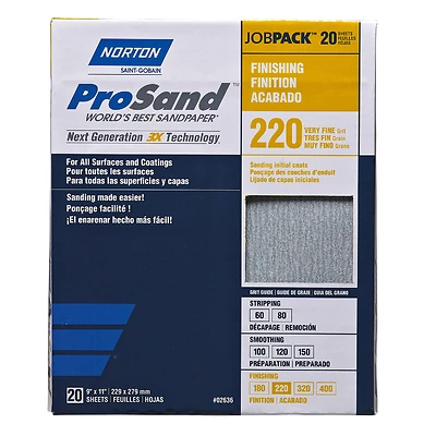 Norton ProSand 07660768167 Sanding Sheet, 220 Grit, 11 In. x 9 In., 20 Pk