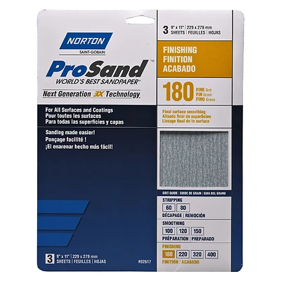Norton ProSand 07660768159 Sanding Sheet, 180 Grit, 11 In. L x 9 In. W, 3 Pk