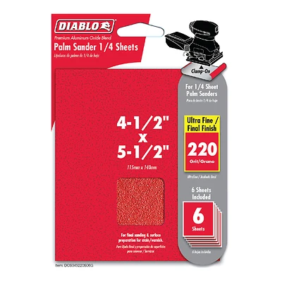 Diablo DCS045220S06G Sanding Sheet, 4-1/2 in W, 5-1/2 in L, 220 Grit, Ultra Fine, Ceramic Abrasive, Paper Backing