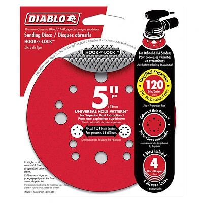 Diablo DCD050120H04G Sanding Disc, 5 in Dia, 120 Grit, Fine, Ceramic Abrasive, 12-Hole