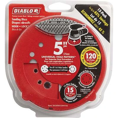 Diablo DCD050120H15G Sanding Disc, 5 in Dia, 120 Grit, Ultra Fine, Ceramic Abrasive, 12-Hole