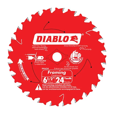 Diablo D0624A Framing Saw Blade, 6-1/2 in Dia, 5/8 in Arbor, 24-Teeth, Carbide Cutting Edge