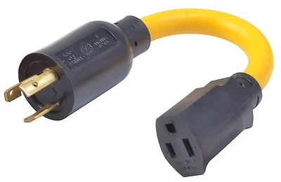Southwire Yellow Locking Cord Adapter, 12/3 STW, 20A-125V to 15A-125V, 9 In.