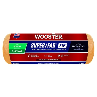 Wooster Super/Fab FTP RR925-9 Roller Cover, 3/4 in Thick Nap, 9 in L, Fabric Cover, Lager