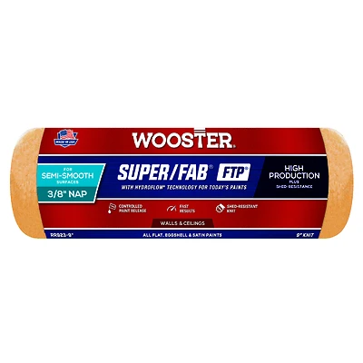 Wooster Super/Fab FTP RR923-9 Roller Cover, 3/8 in Thick Nap, 9 in L, Fabric Cover, Lager