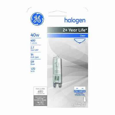 GE Edison Series 16755 Halogen Bulb, 40 W, G9 Lamp Base, T4 Lamp, White Light, 480 Lumens, 2750 K Color Temp