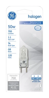 GE 97665 Halogen Bulb, 50 W, G8 Bi-Pin Lamp Base, T4 Lamp, 700 Lumens, 2750 K Color Temp, 1300 hr Average Life