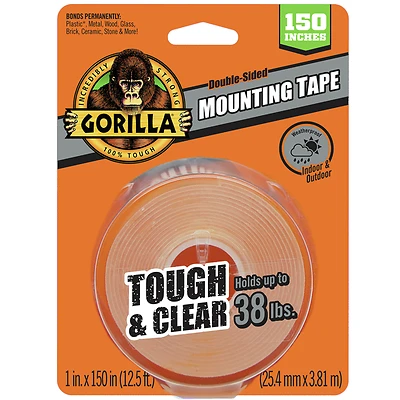 Gorilla 6036002 Tough & Clear Mounting Tape, 1 x 150 In.